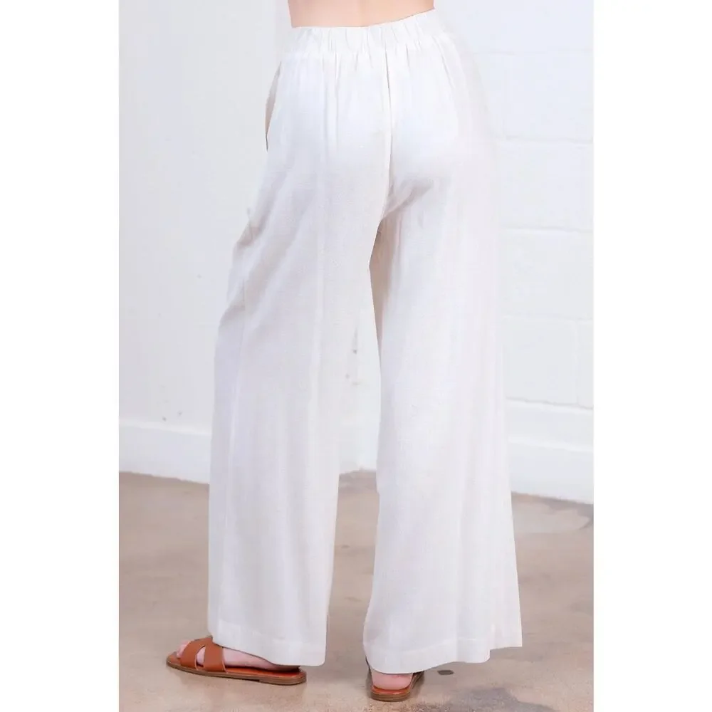 Taupe Linen Pintuck Wide-Leg Pants